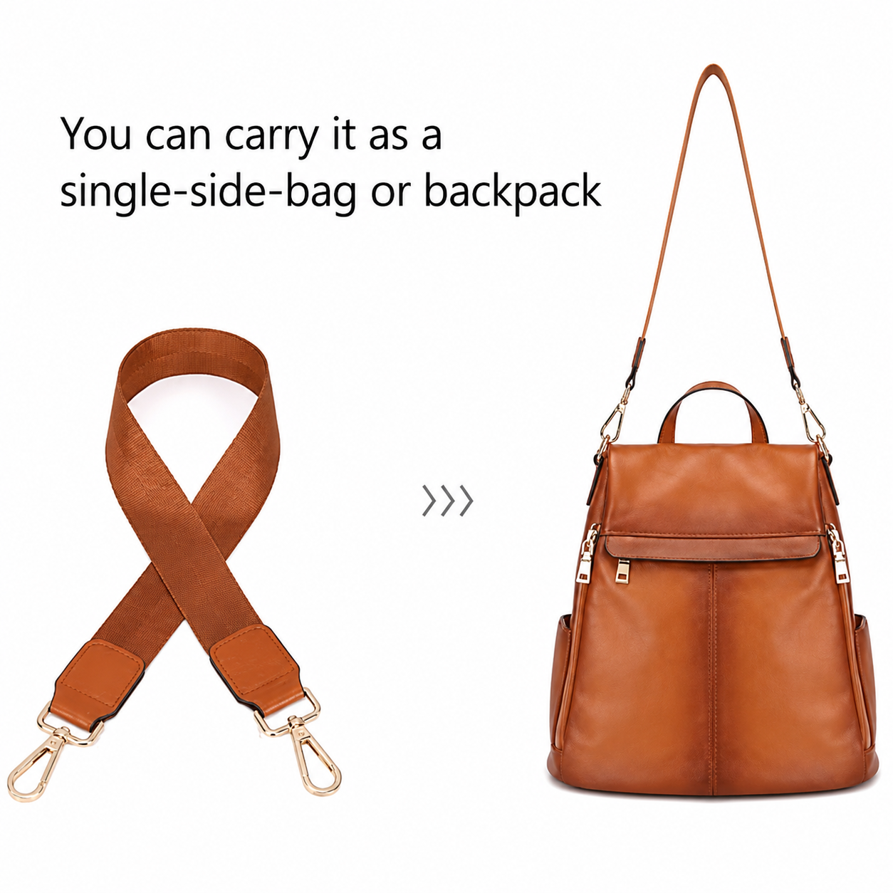 Brown leather backpack shown with a detachable wide shoulder strap on a white background, with text stating it can be carried as a single-side bag or backpack.