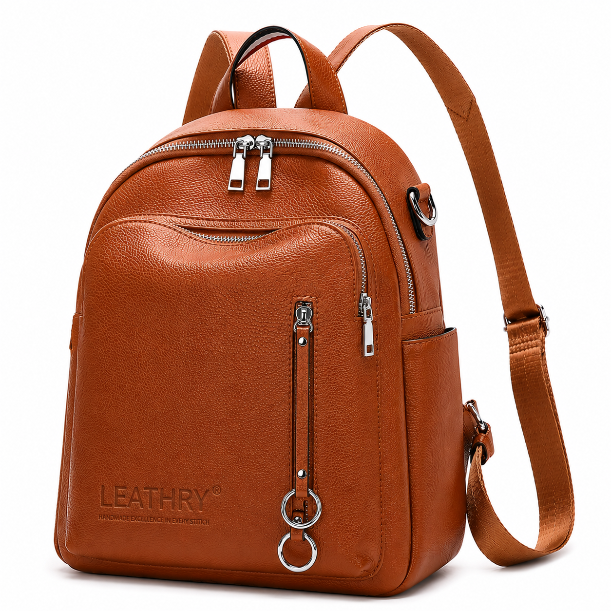 Brown leather backpack with visible Leathry branding on a white background