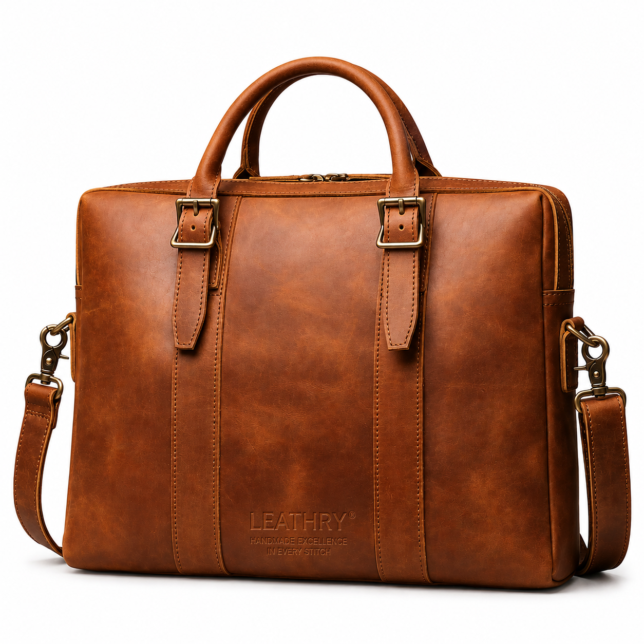 Brown leather briefcase with gold hardware on a white background
