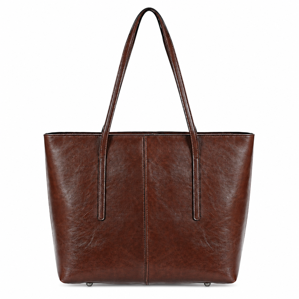 A brown faux-leather tote bag with dual shoulder straps, shown against a plain white background.