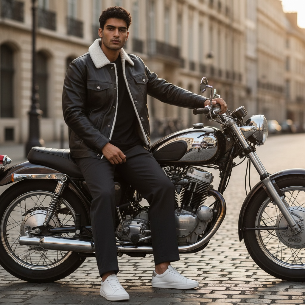 Man sitting on a motorcycle in an urban setting