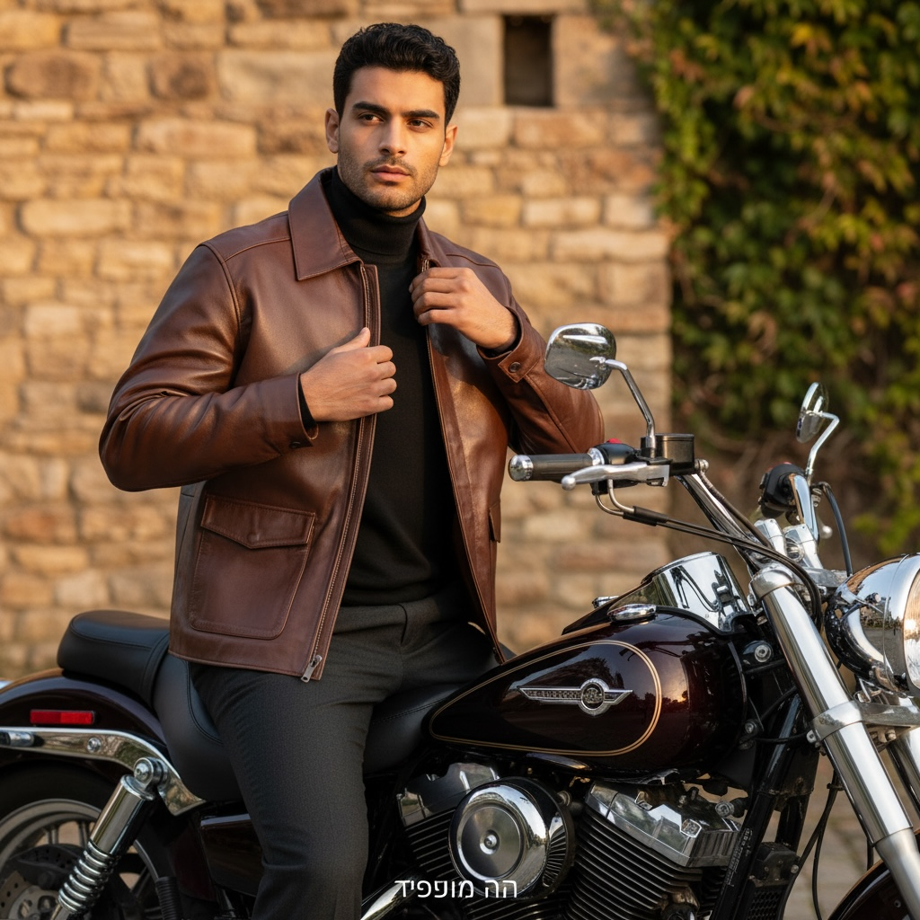 Man in a brown leather jacket sitting on a motorcycle with a stone wall and greenery in the background