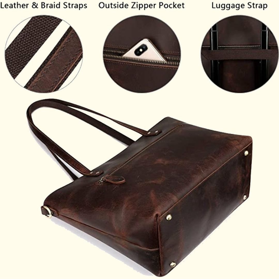 Brown leather handbag with close-up details on leather, zipper pocket, and luggage strap.