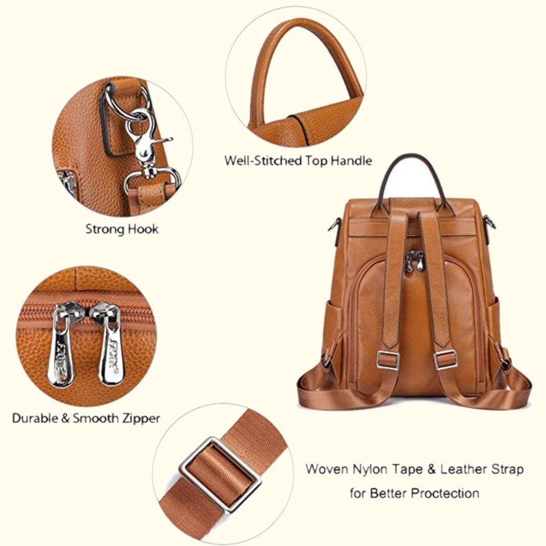 Brown leather backpack with close-up details on a white background