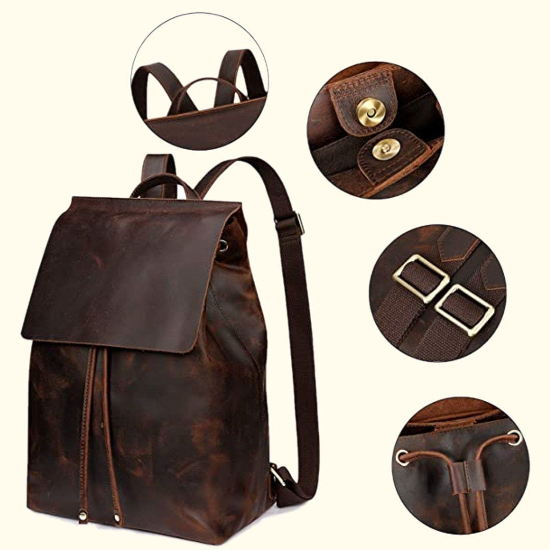 Brown leather backpack with close-up details on a white background