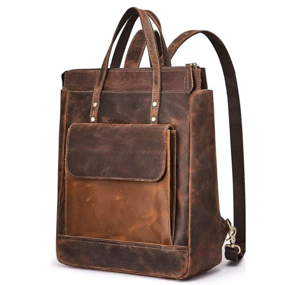 Brown leather backpack with a front pocket on a white background