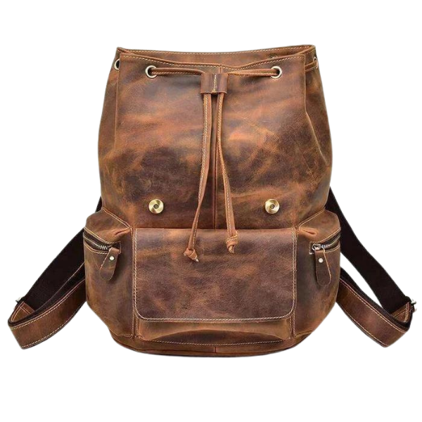 Brown leather backpack on a white background