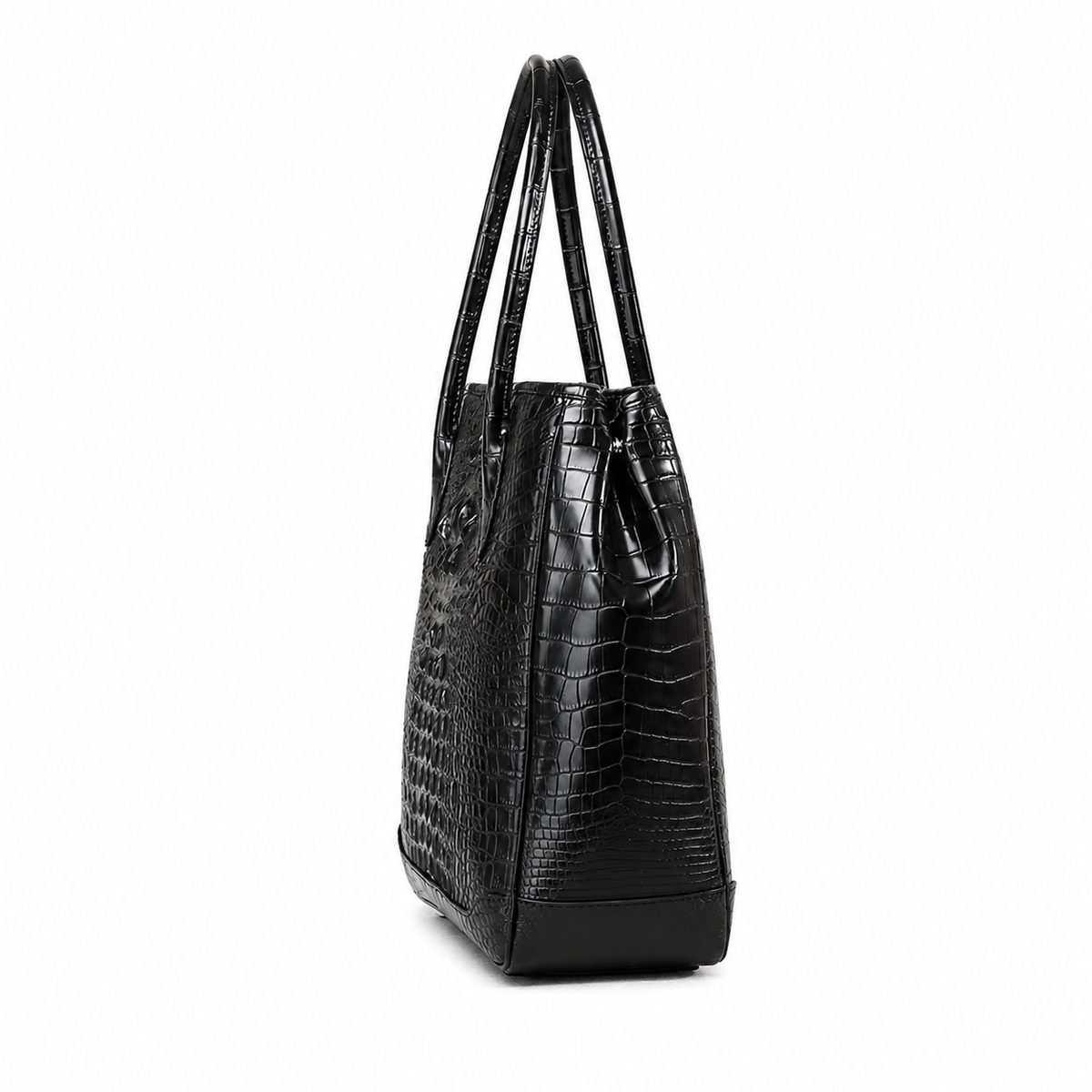 A black crocodile-embossed leather tote bag with dual top handles, shown from a side profile view against a plain white background.