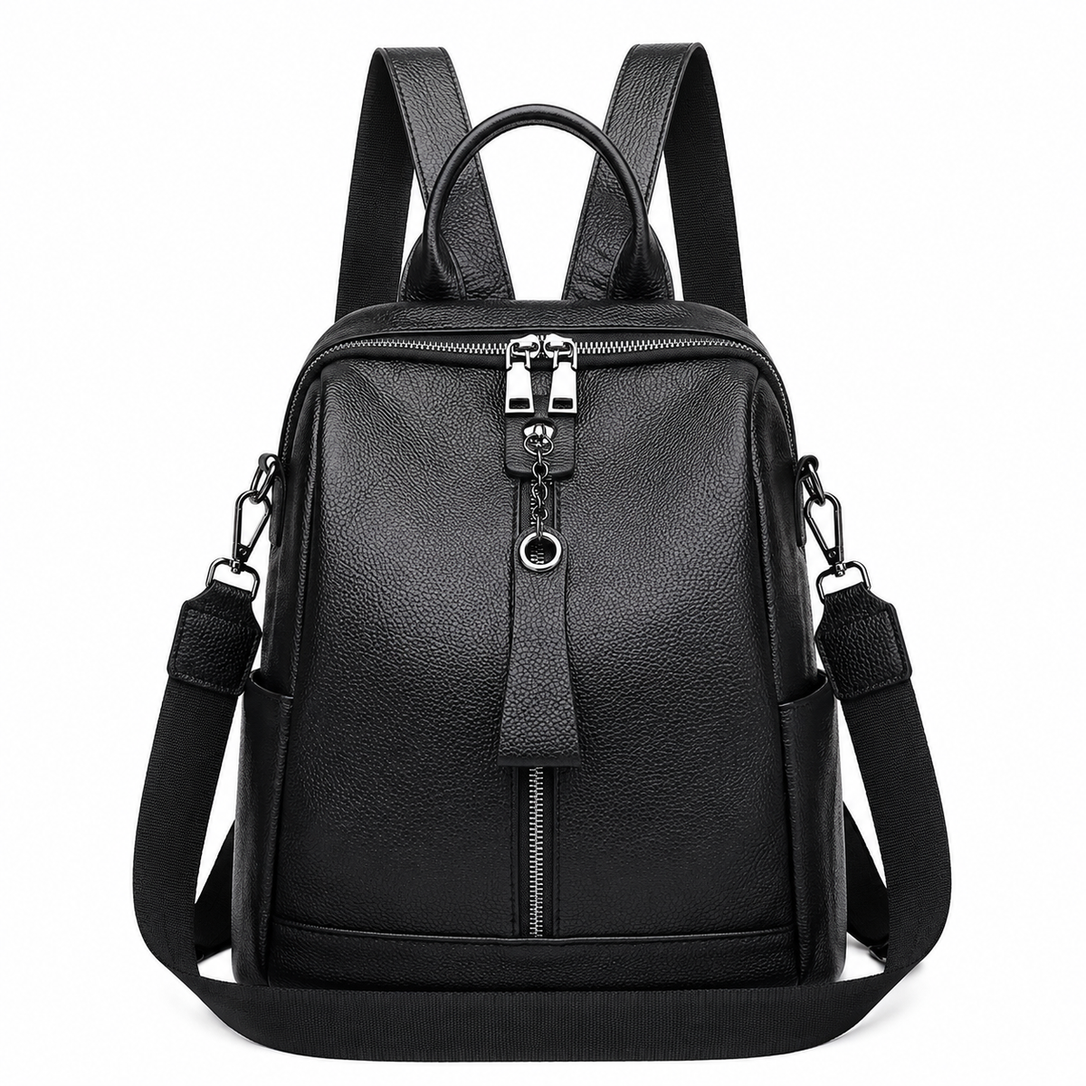 A black pebbled faux-leather backpack with silver-tone hardware, featuring a top handle, a front zippered compartment with a tassel zipper pull, and an adjustable shoulder strap, shown against a plain white background.