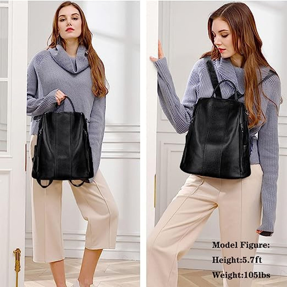 Woman holding a black leather backpack in a neutral setting