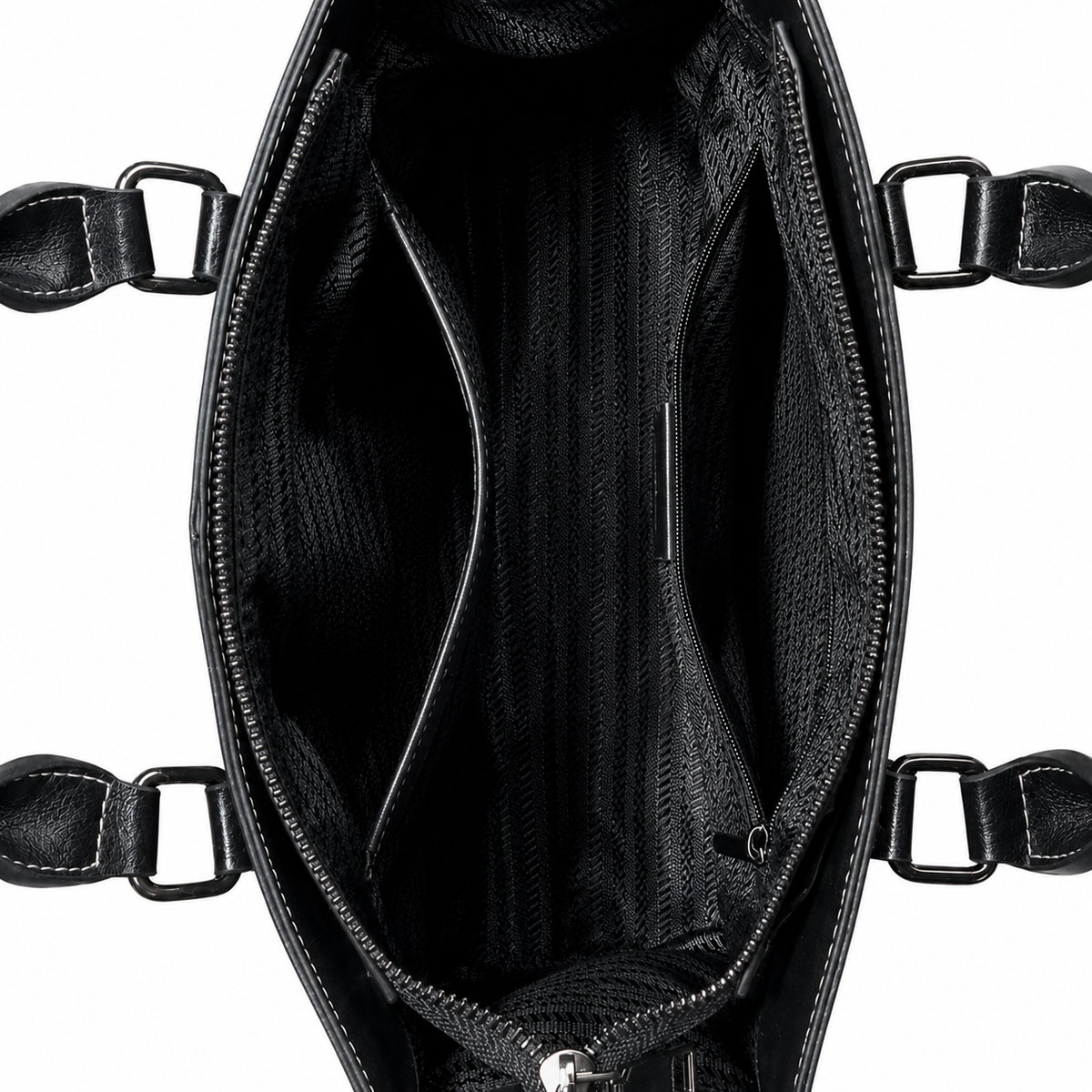 Top-down view of an open black handbag showing the interior lining, mesh pockets, zipper, and side strap attachments on a white background.