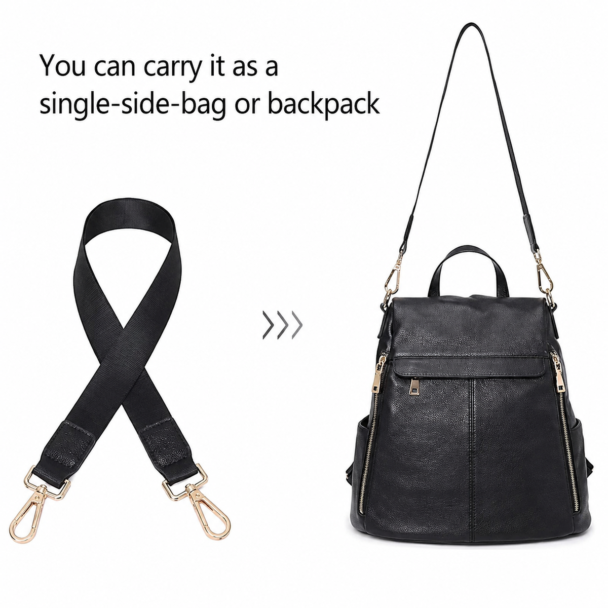 Black faux-leather backpack with top handles, front zip pocket, and side pockets, shown alongside a detachable black shoulder strap with gold-tone clips. Text on the image says it can be carried as a single-side bag or backpack.
