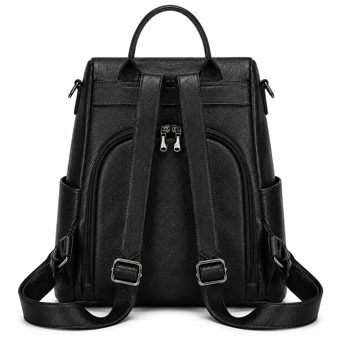 Black pebbled faux-leather backpack shown from the back, featuring dual top handles, adjustable shoulder straps with metal buckles, and silver-tone zipper pulls on a plain white background.