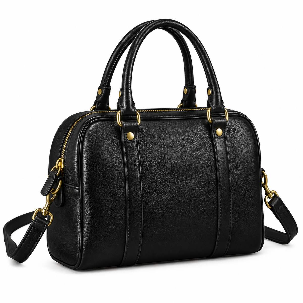 A black textured faux-leather handbag with double top handles, a detachable shoulder strap, and gold-tone hardware, shown on a plain white background.