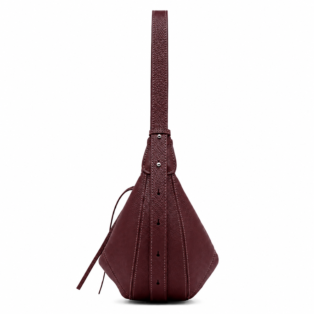A dark burgundy pebbled leather shoulder bag with a single strap and a tassel detail, shown against a plain white background.
