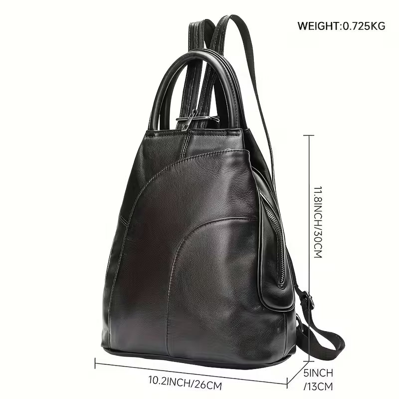 Black leather backpack with measurements on a white background
