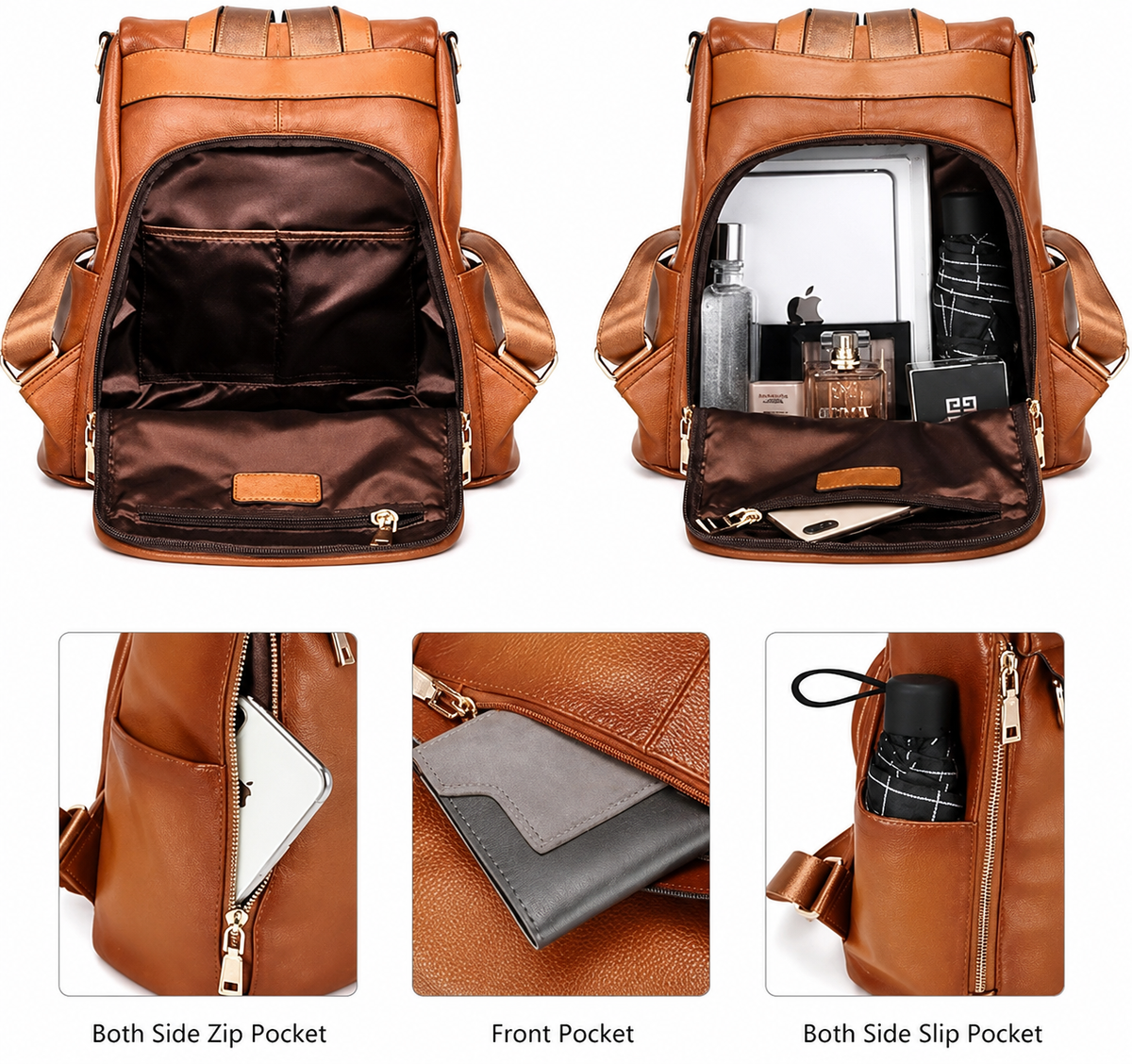 A brown faux-leather backpack shown from the front and back, with the back panel opened to reveal a dark brown satin interior and storage compartments. Three smaller inset images at the bottom show the side zip pocket, front pocket, and both side slip pockets with accessories stored.
