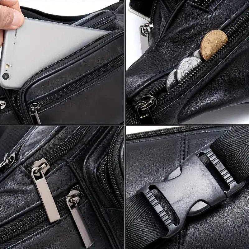 Collage of a black leather bag with zippers and a buckle.