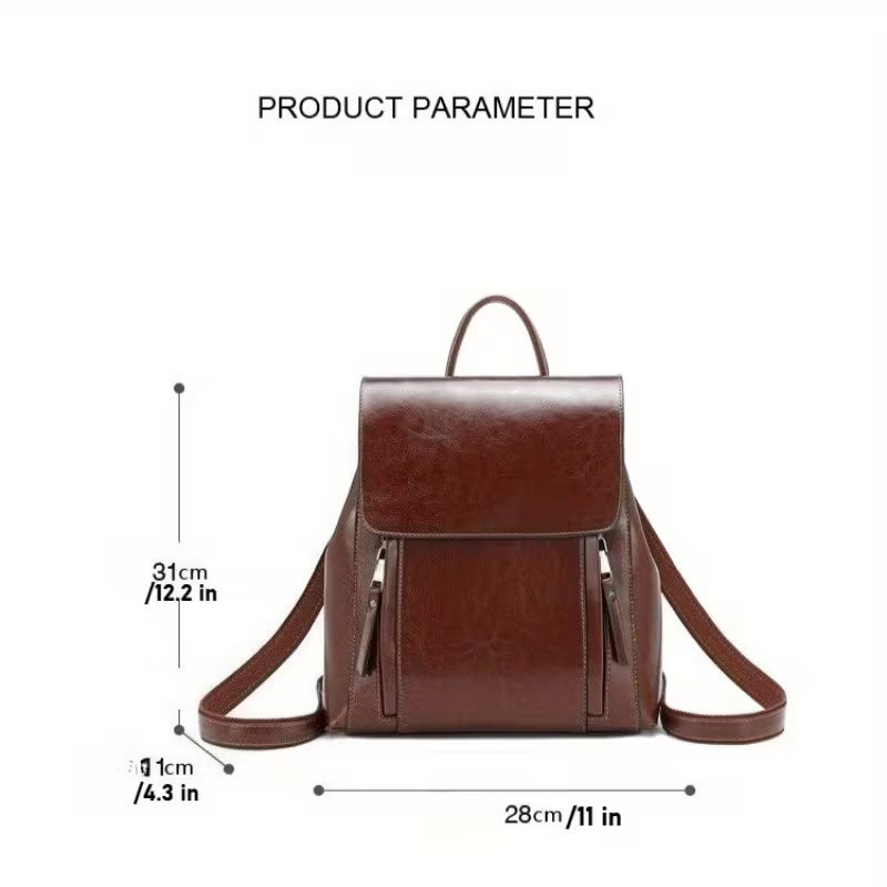 Brown backpack with dimensions labeled on a white background
