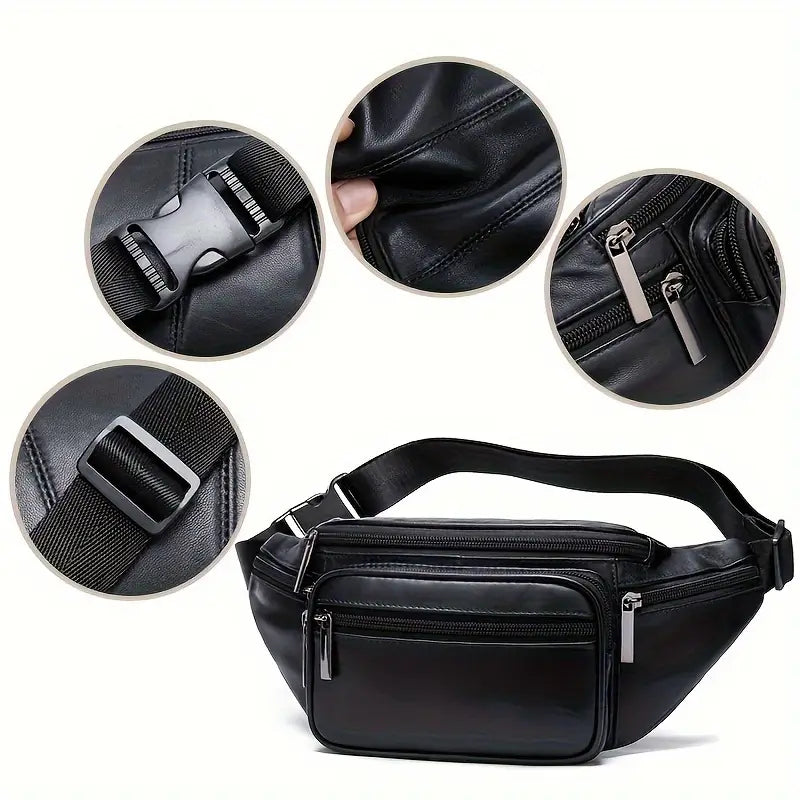 Black waist bag with close-up details on a white background