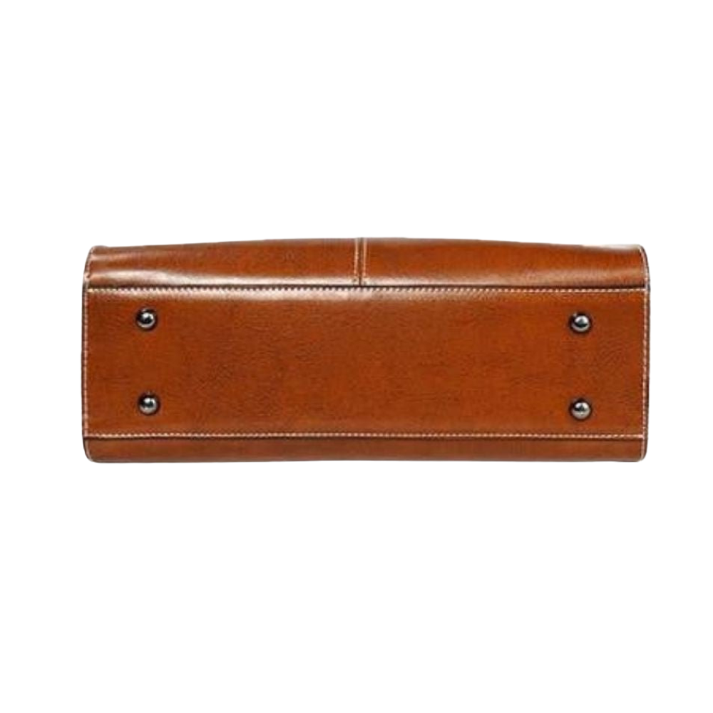 Brown leather wallet with silver buttons on a white background